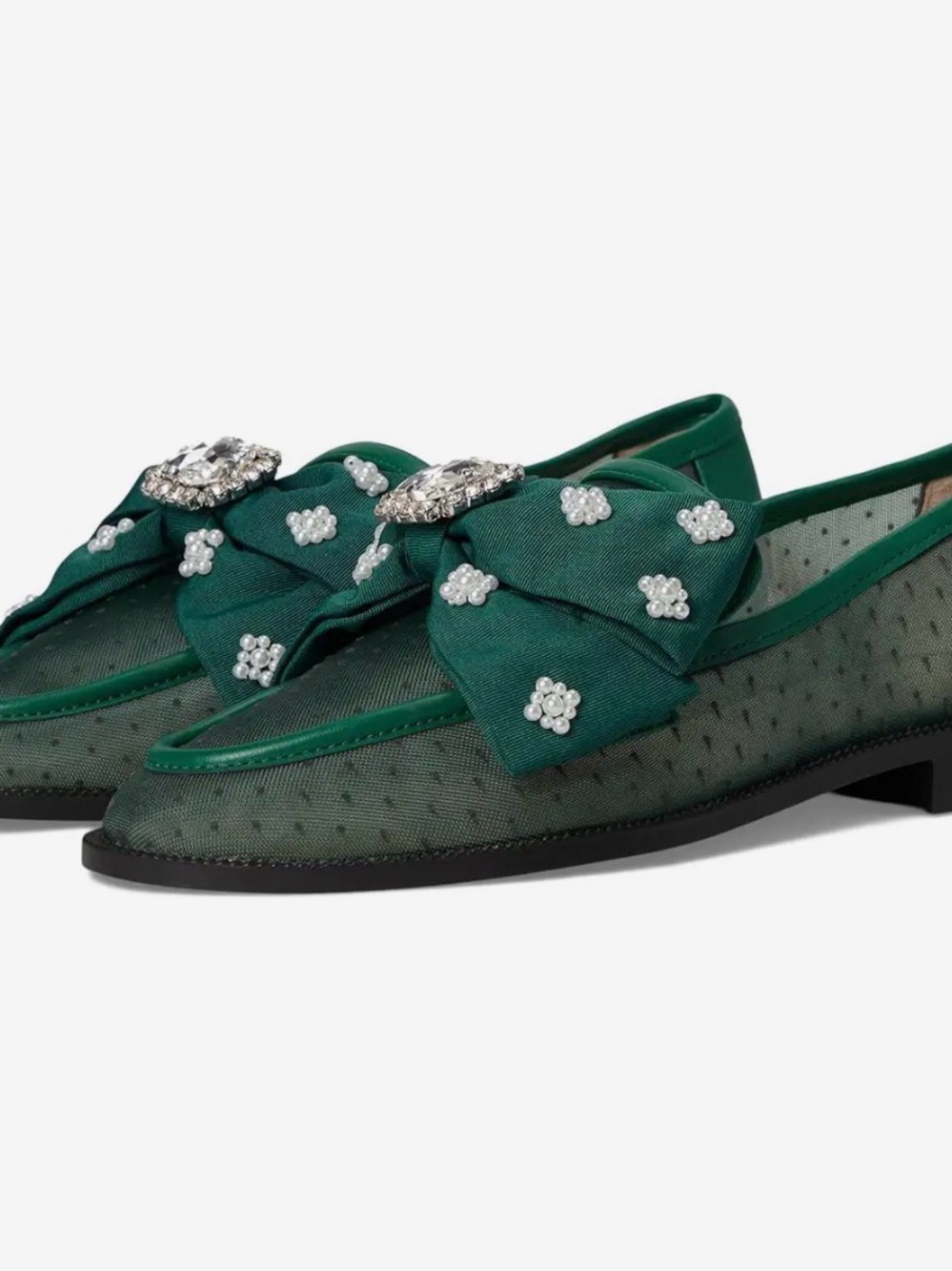 Betsey Johnson Emerald Green Mesh Loafers with Bow, Crystal & Pearl Accents